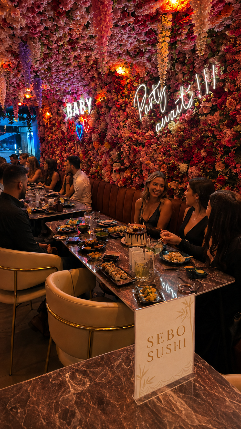 Una tavolata festeggia un compleanno nella sala floreale SEBO