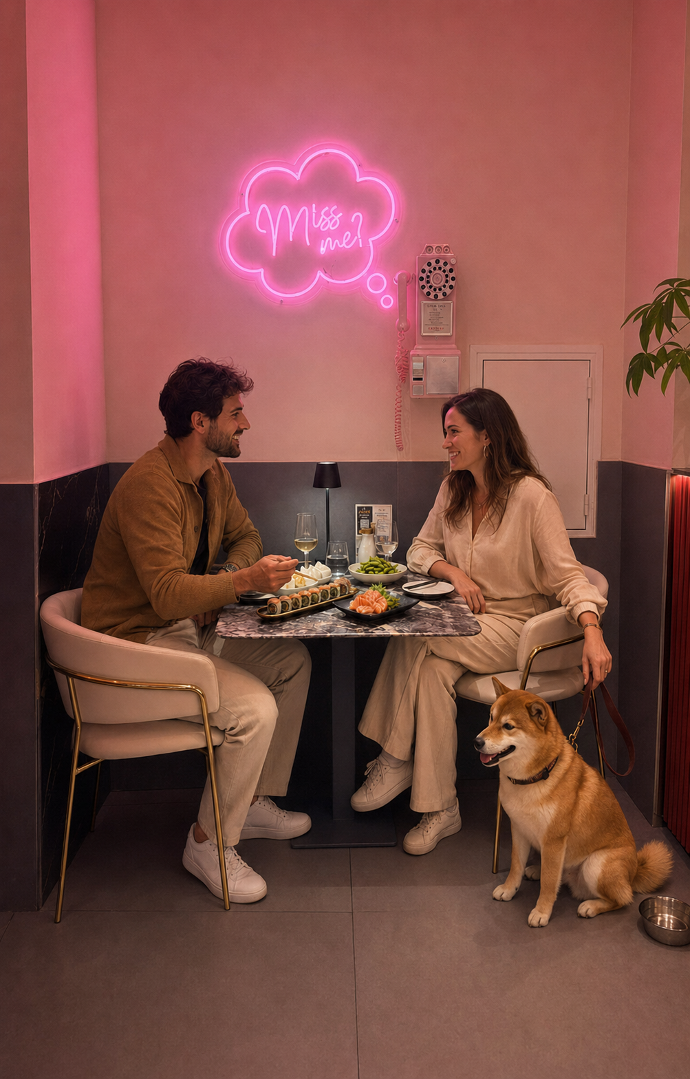Una coppia cena da SEBO con il proprio cane