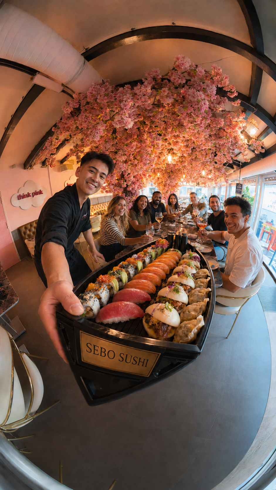 Grande vassoio di sushi SEBO condiviso da un gruppo